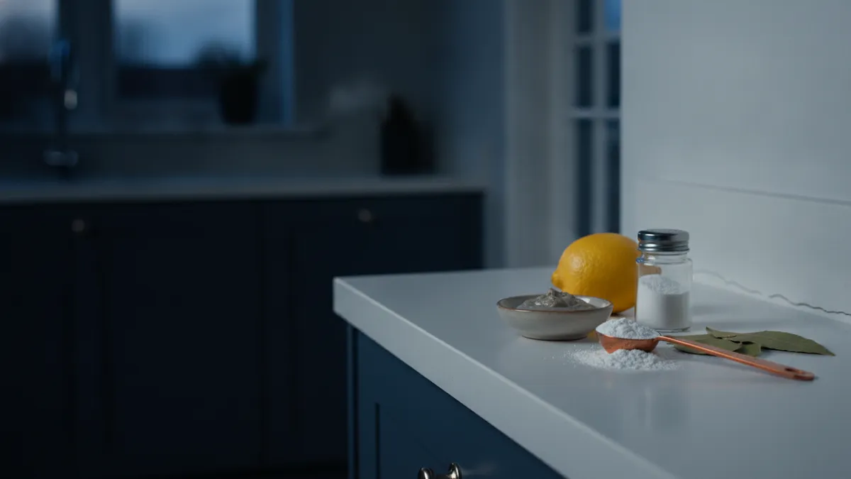 Remèdes naturels anti-cafards disposés sur un plan de travail de cuisine