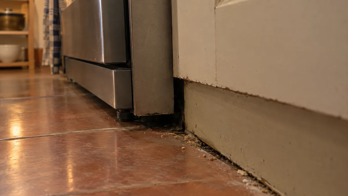 Interstice sombre au pied d'un appareil de cuisine, cachette typique des blattes germaniques