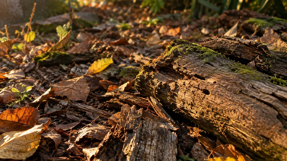 Feuillage et bois de jardin en fin de journée, milieu typique des blattes d'extérieur