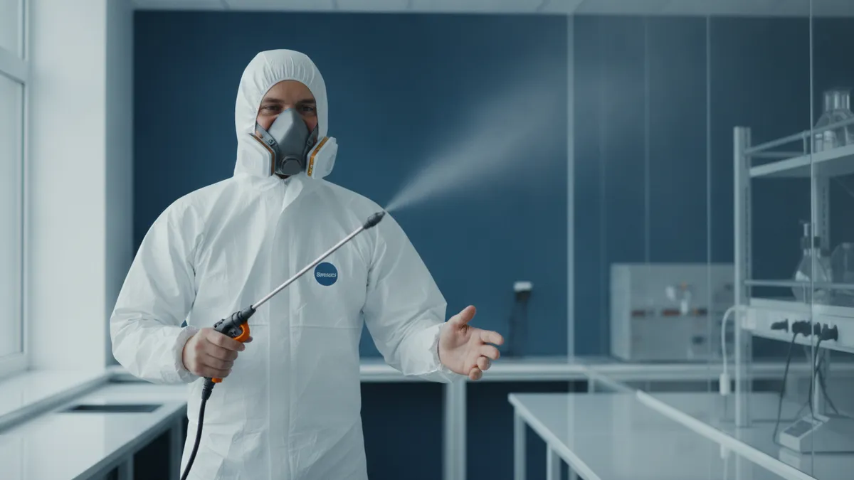 Technicien en combinaison blanche pulvérisant un désinfectant dans une pièce