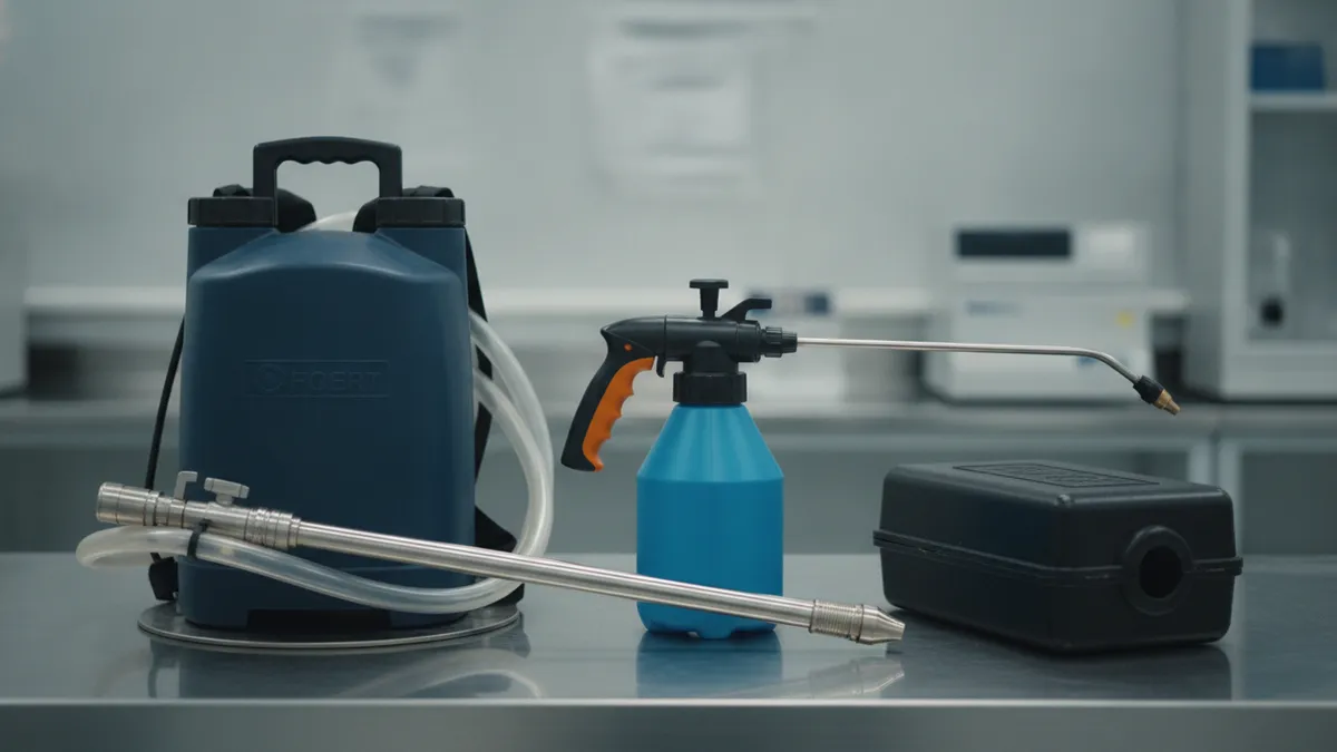 Trois kits professionnels de désinfection, désinsectisation et dératisation côte à côte