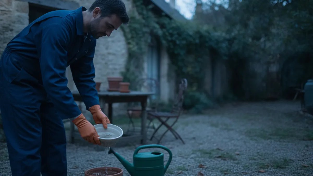 Professionnel vidant l'eau stagnante d'une soucoupe dans un jardin