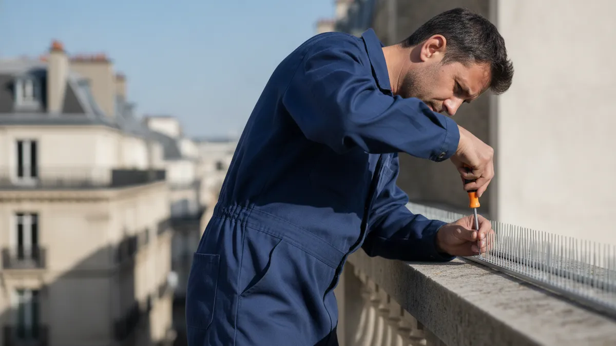 Technicien fixant des pics anti-pigeons sur un rebord de balcon parisien