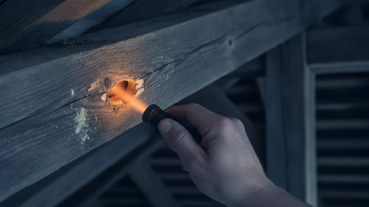 Inspection à la lampe d'une poutre creusée par des fourmis charpentières