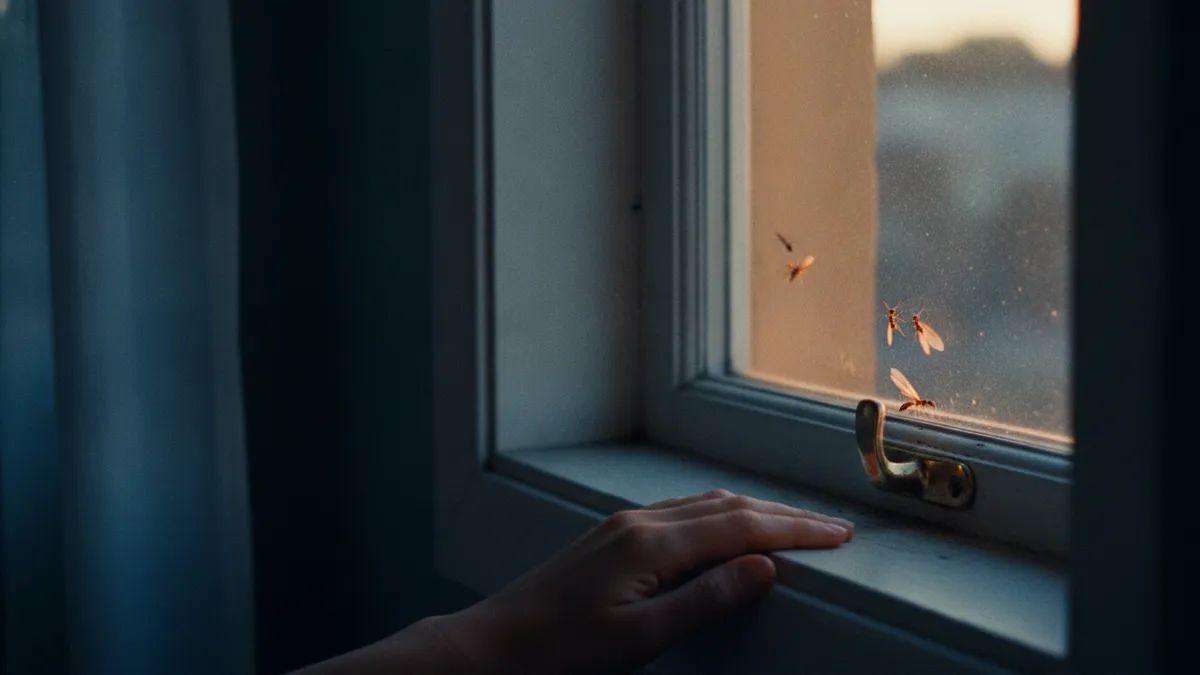 Quelques fourmis ailées près d'une fenêtre dans la lumière du soir
