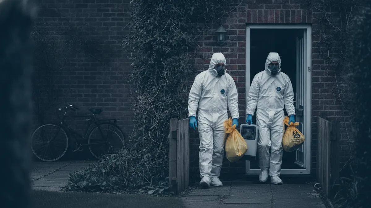 Spécialistes en combinaison hazmat entrant dans un logement avec des sacs de déchets