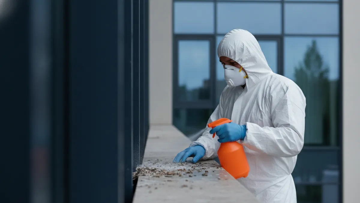Intervenant masqué nettoyant des fientes de pigeons sur un rebord