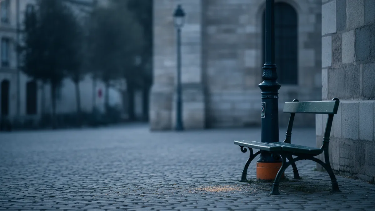 Banc de place publique et panneau municipal sur le nourrissage des pigeons