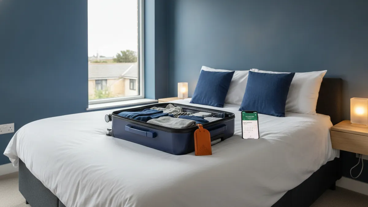 Intérieur d'une location de courte durée avec une valise ouverte sur le lit