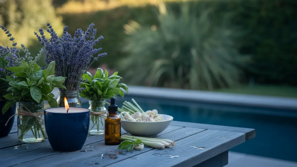 Senteurs anti-moustiques naturelles sur une table de terrasse