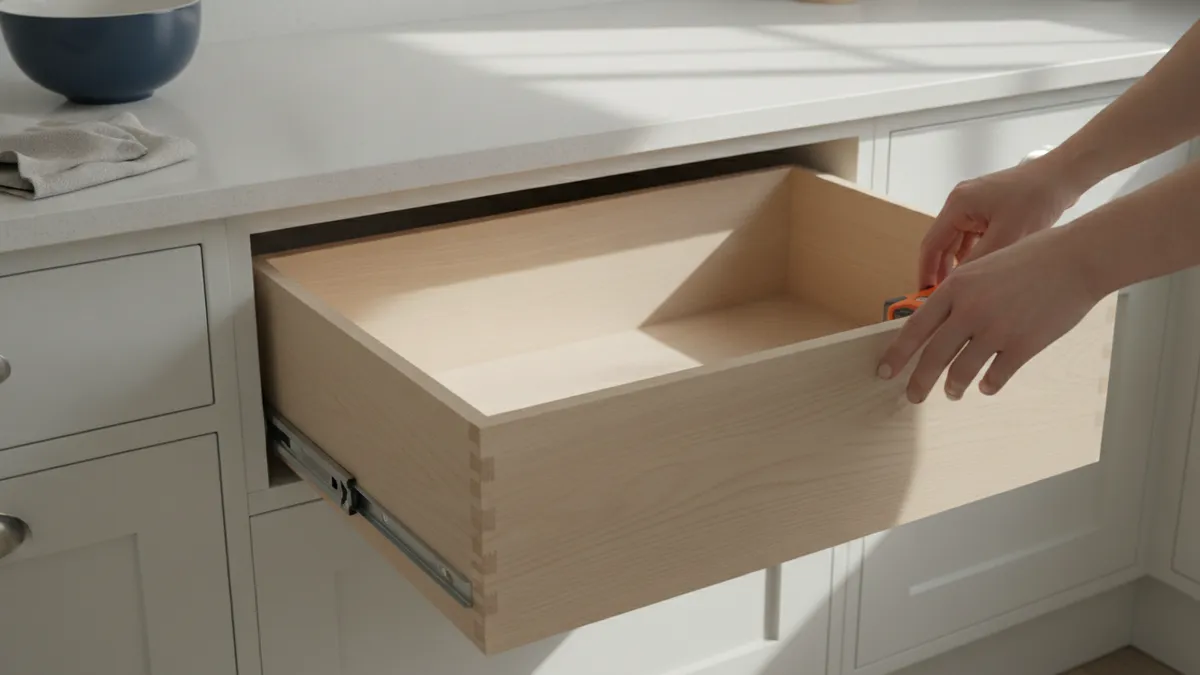 Tiroir de cuisine en bois clair tiré sur sa coulisse, la niche du meuble ouverte derrière