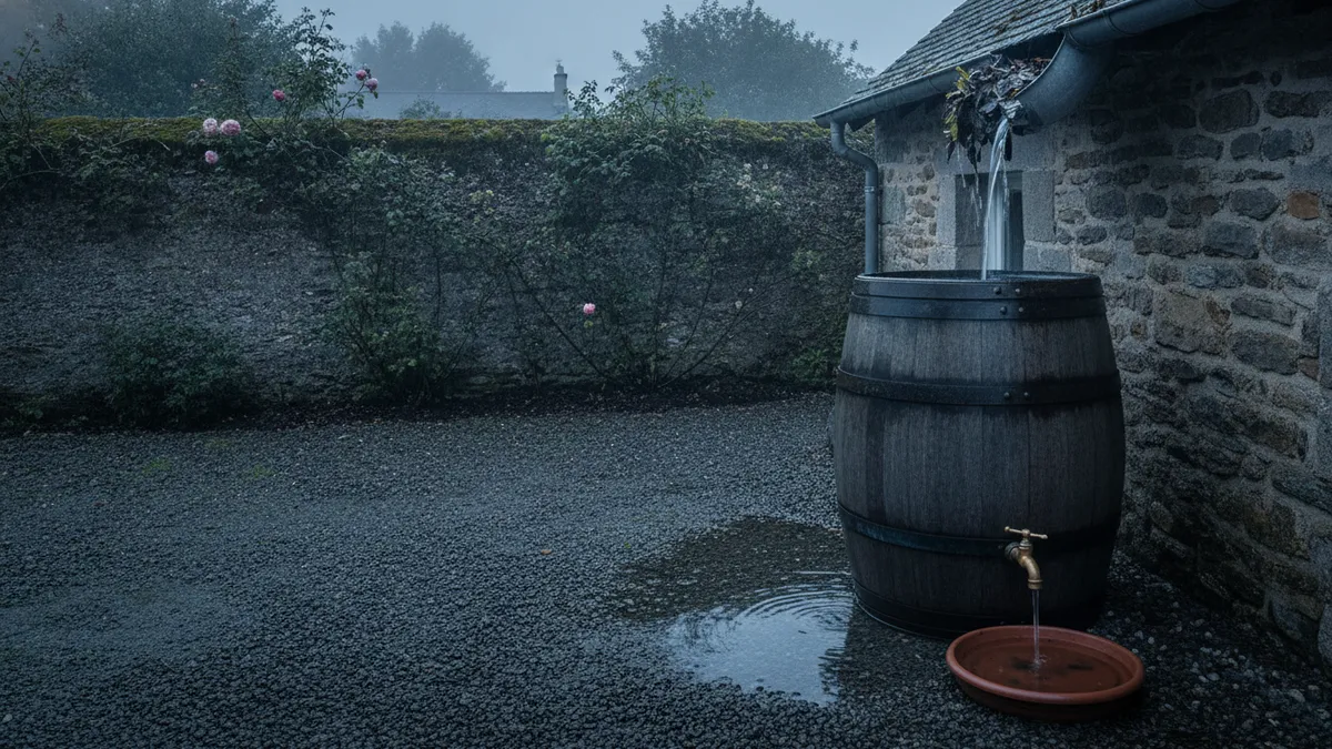 Jardin après la pluie avec récupérateur d'eau et soucoupe pleine