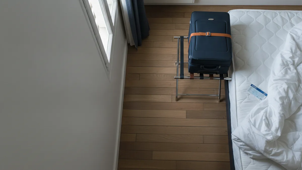 Valise et coin de matelas dans une chambre d'hôtel urbaine