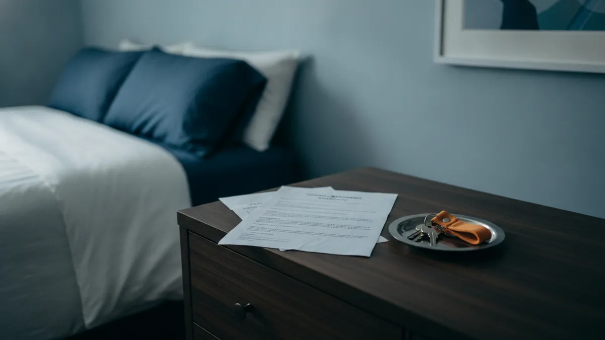 Bail, devis anti-punaises et clés posés sur une commode de chambre
