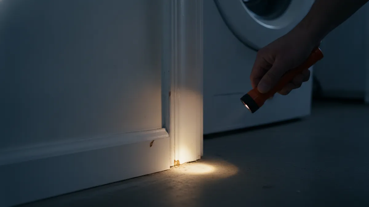 Inspection à la lampe torche d'une plinthe révélant une trace de rongeur