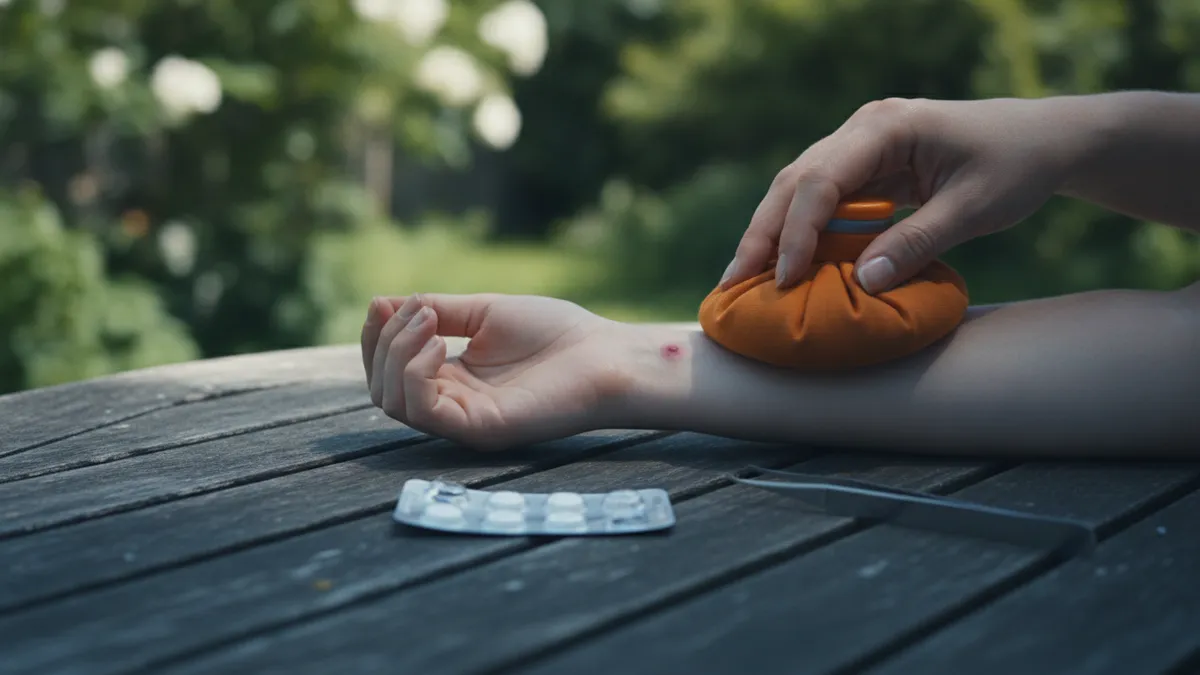 Compresse froide appliquée sur une piqûre, antihistaminique et pince à proximité