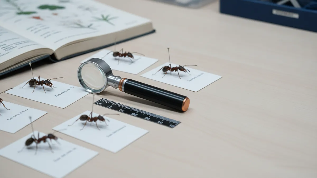 Spécimens de fourmis sur fiches d'identification avec une loupe