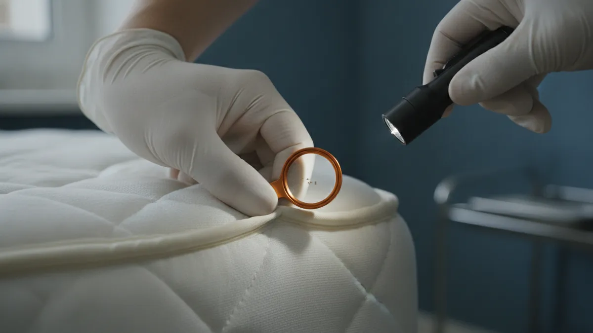 Inspection à la loupe d'une couture de matelas à la recherche de traces