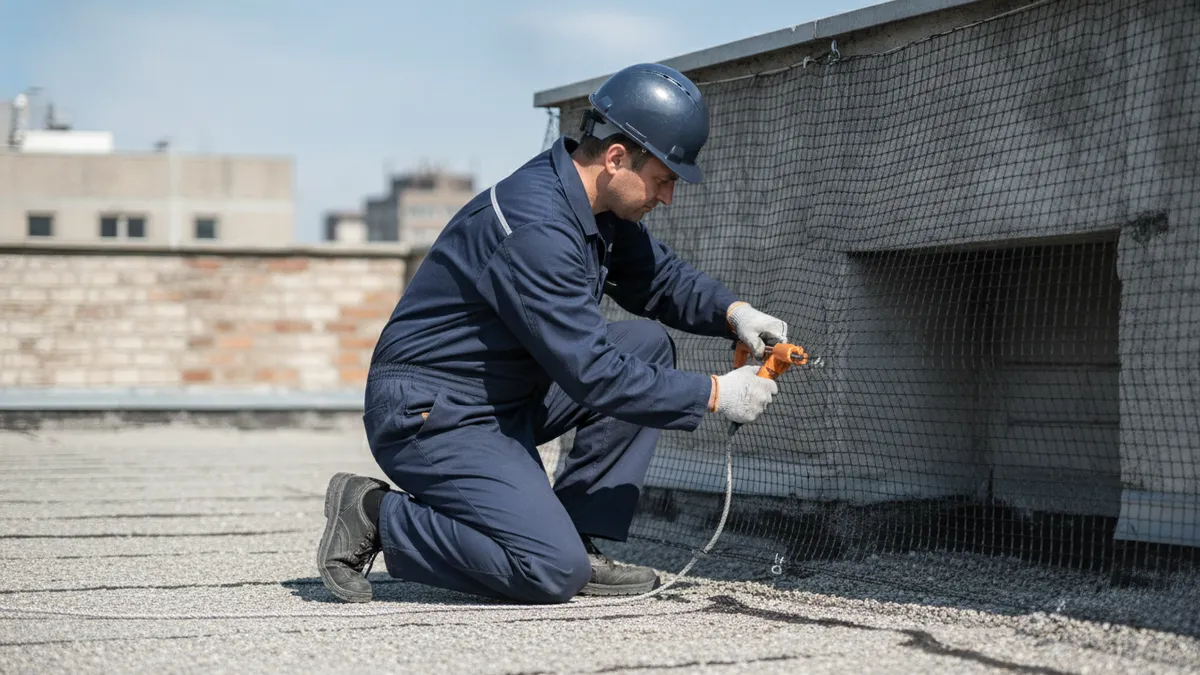 Technicien installant un filet anti-pigeons sur un recoin de toiture