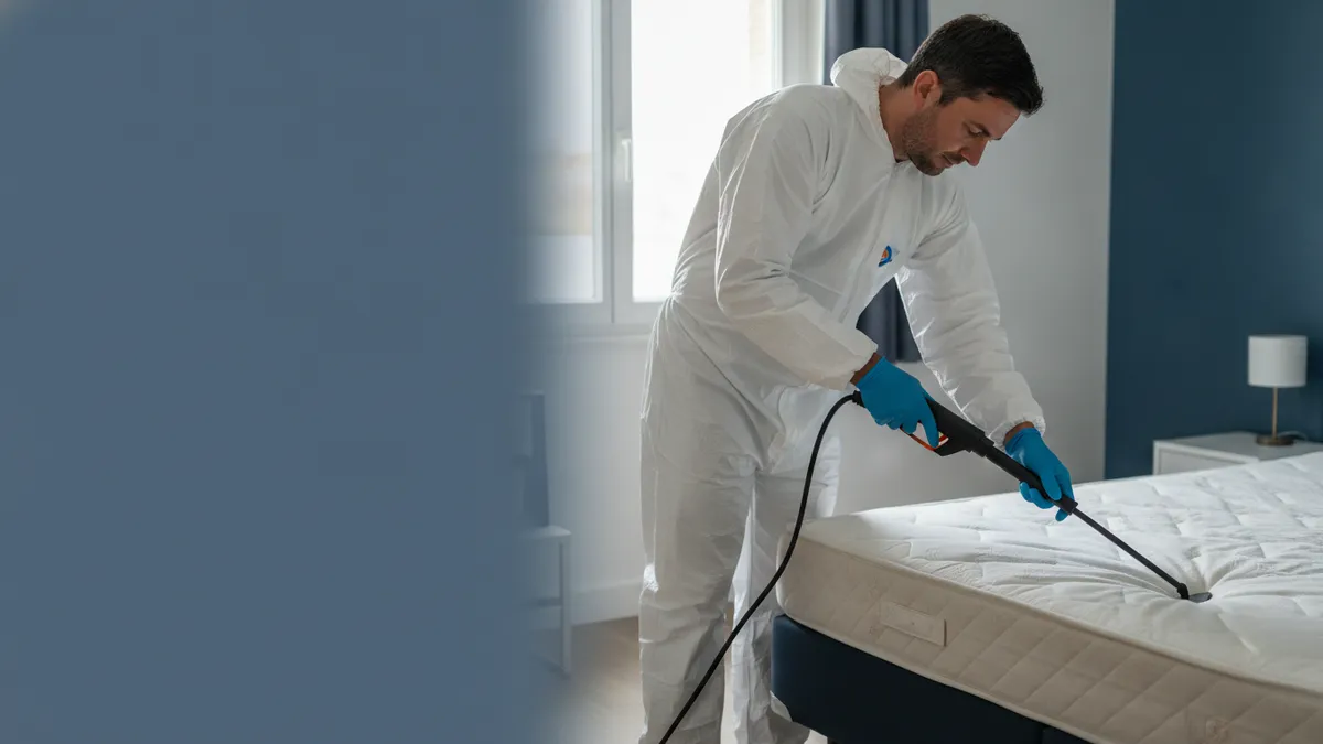 Technicien en combinaison blanche traitant un matelas à la vapeur